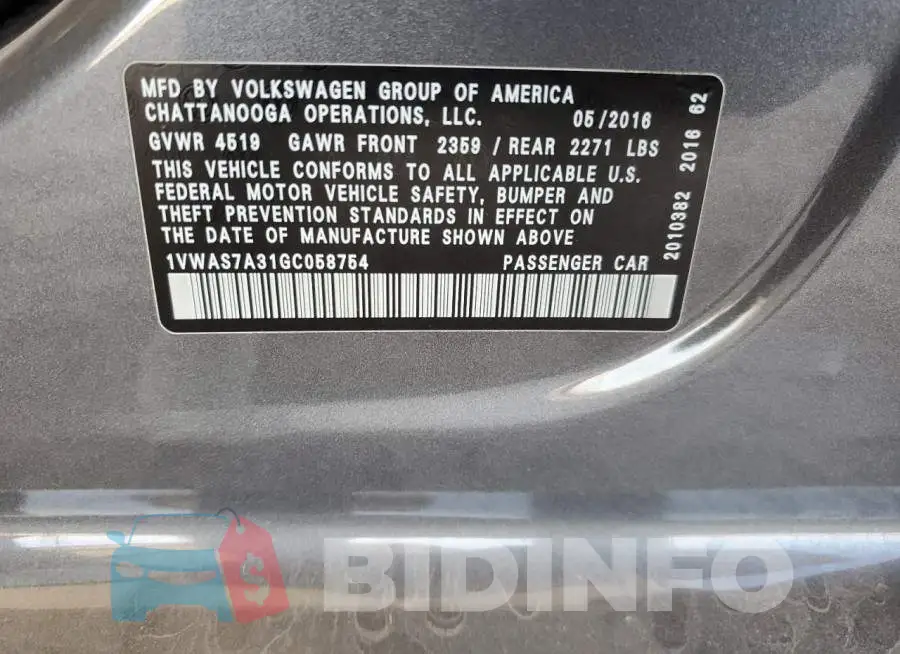 1VWAS7A31GC058754 Photo# 12