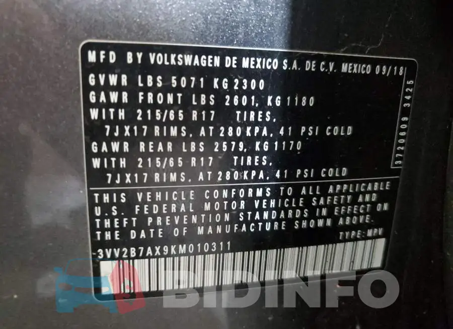 3VV2B7AX9KM010311 Photo# 14