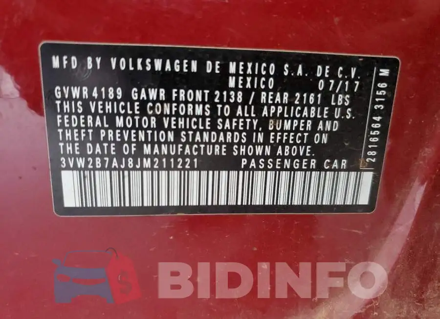 3VW2B7AJ8JM211221 Photo# 12