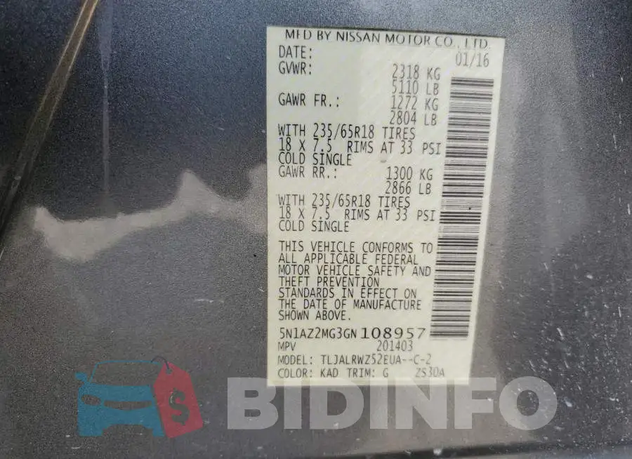 5N1AZ2MG3GN108957 Photo# 13