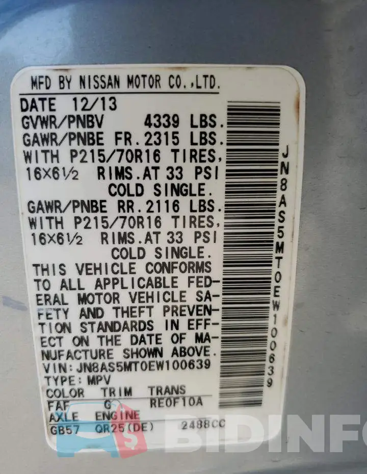 JN8AS5MT0EW100639 Photo# 12