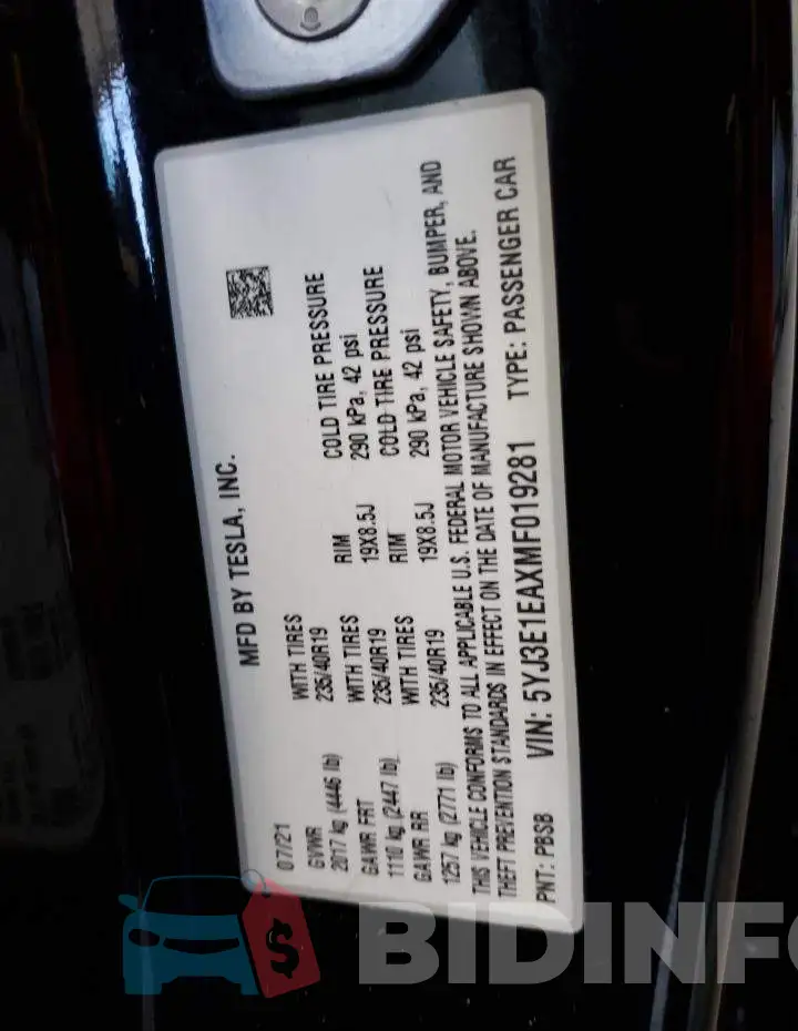 5YJ3E1EAXMF019281 Photo# 12