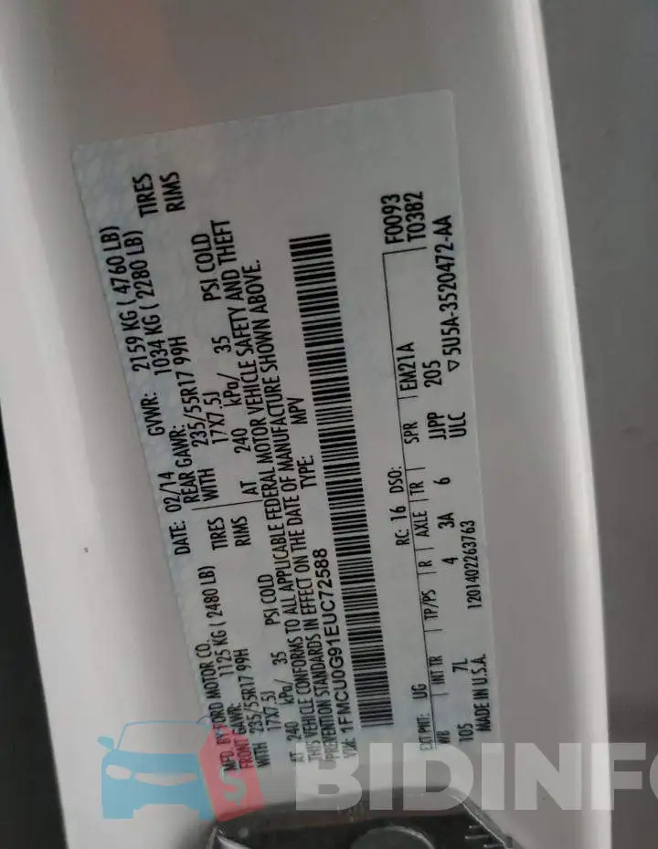 1FMCU0G91EUC72588 Photo# 14