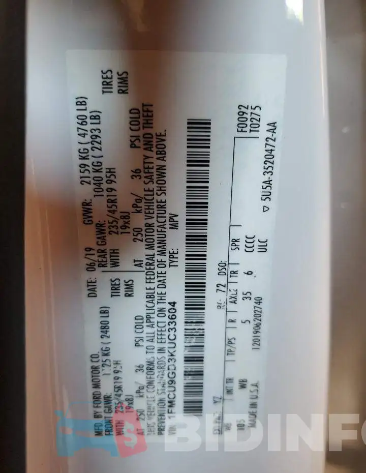 1FMCU9GD3KUC33604 Photo# 13