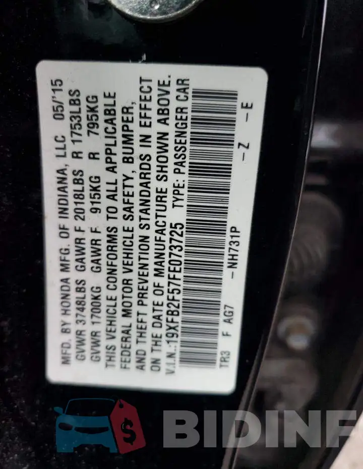 19XFB2F57FE073725 Photo# 13