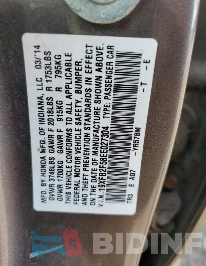 19XFB2F58EE027304 Photo# 12