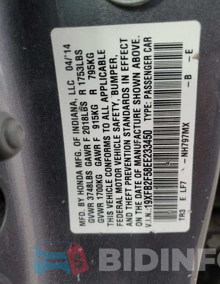 19XFB2F58EE233450 Photo# 12