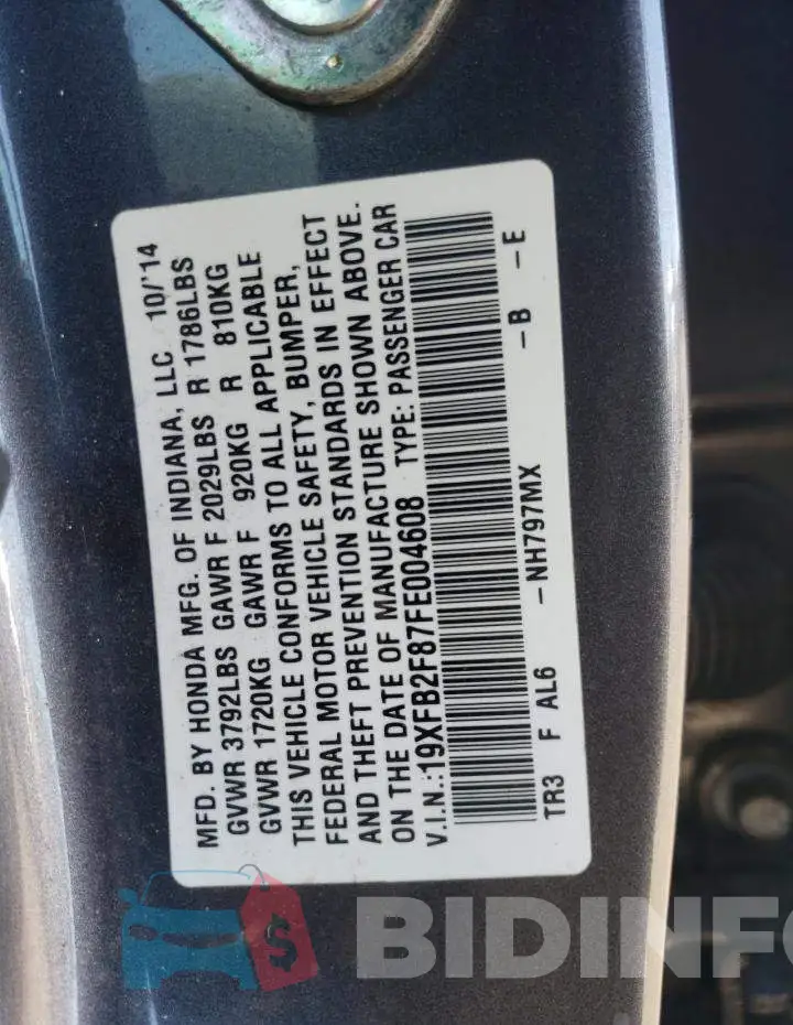 19XFB2F87FE004608 Photo# 12