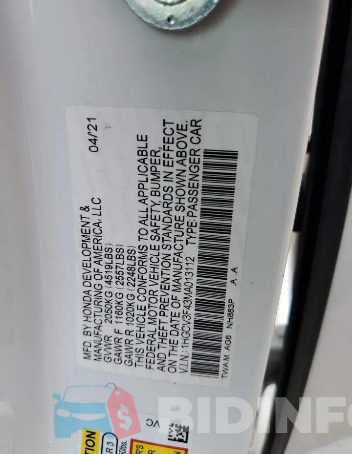 1HGCV3F43MA013112 Photo# 12