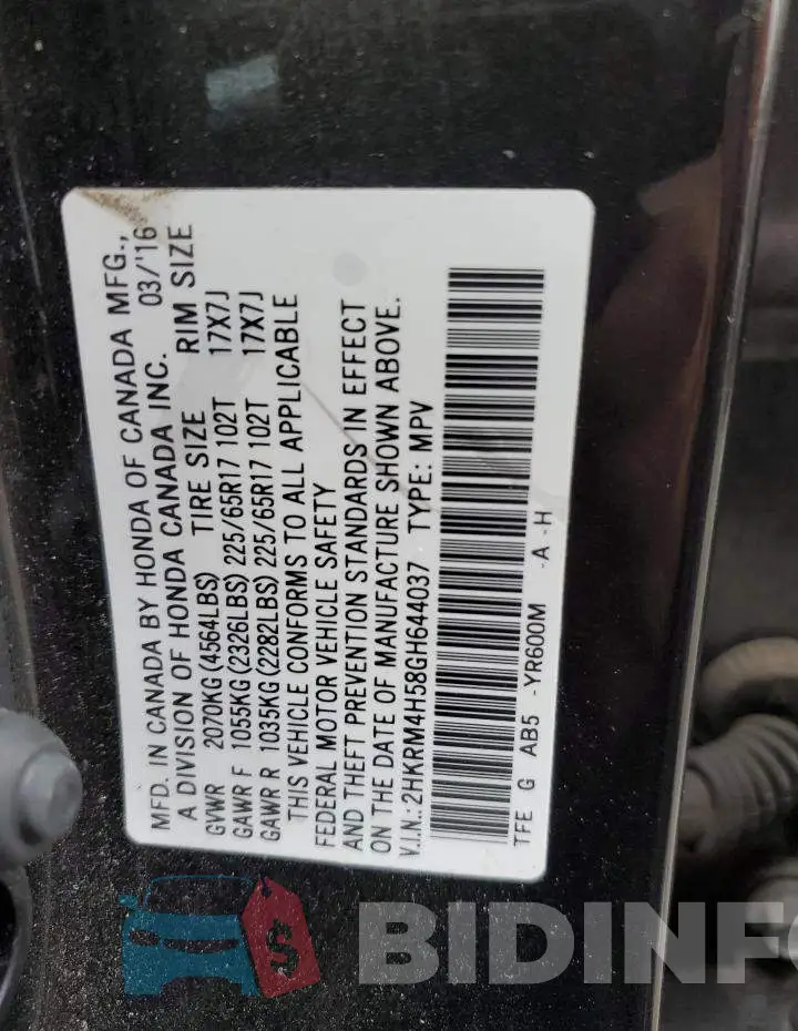 2HKRM4H58GH644037 Photo# 13