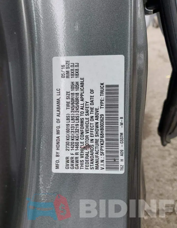 5FPYK3F68HB003629 Photo# 13