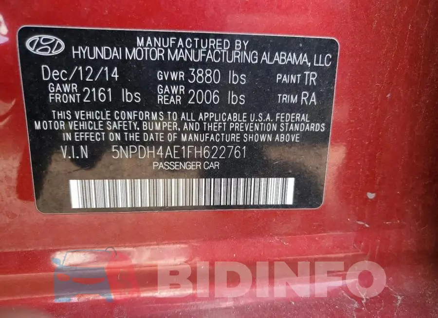 5NPDH4AE1FH622761 Photo# 12