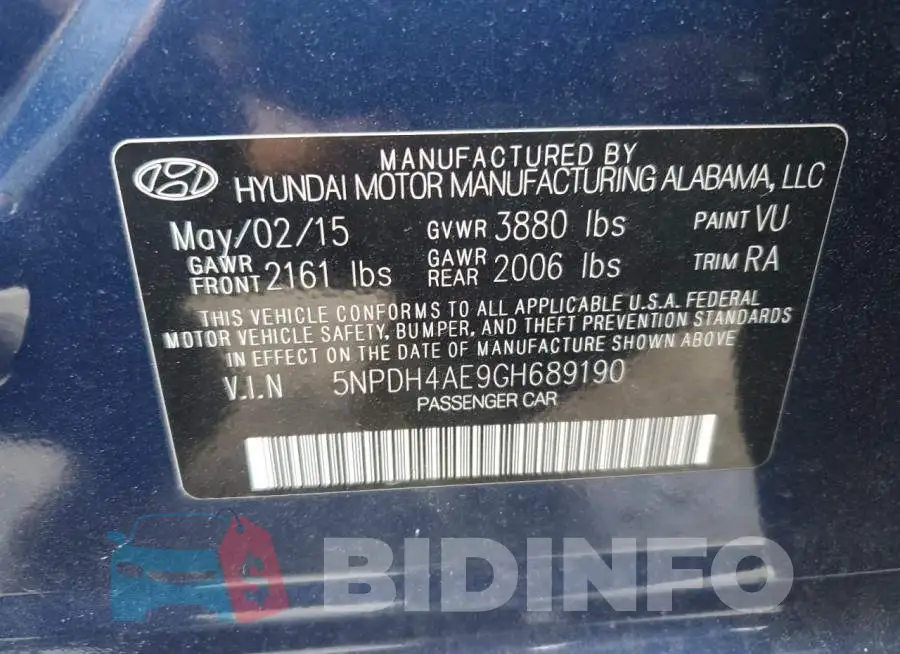 5NPDH4AE9GH689190 Photo# 12