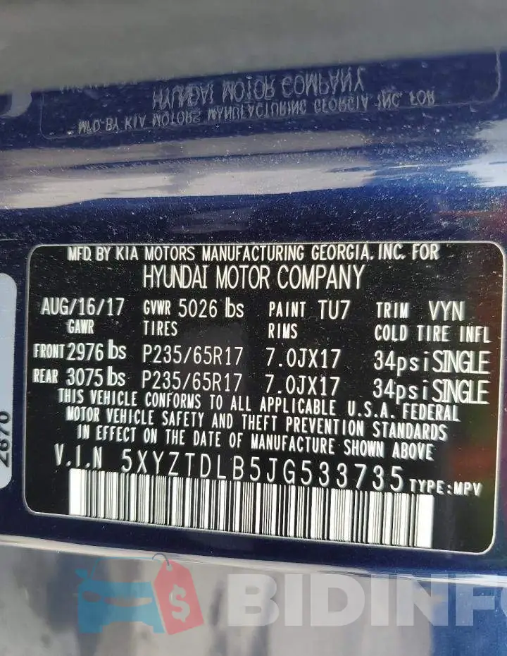 5XYZTDLB5JG533735 Photo# 12
