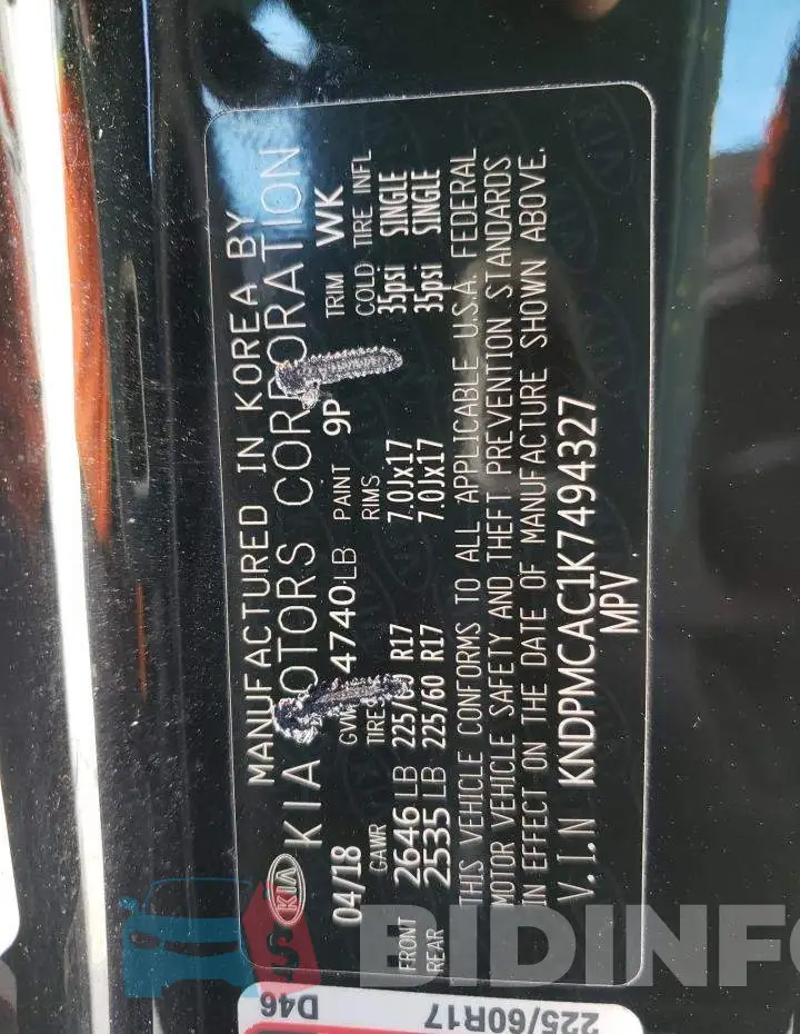 KNDPMCAC1K7494327 Photo# 13