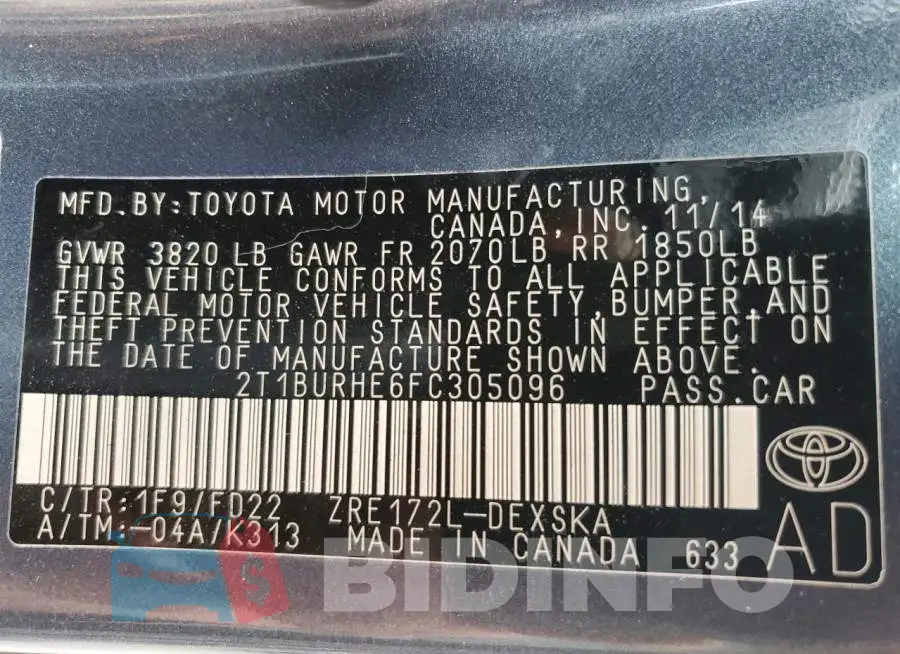 2T1BURHE6FC305096 Photo# 13