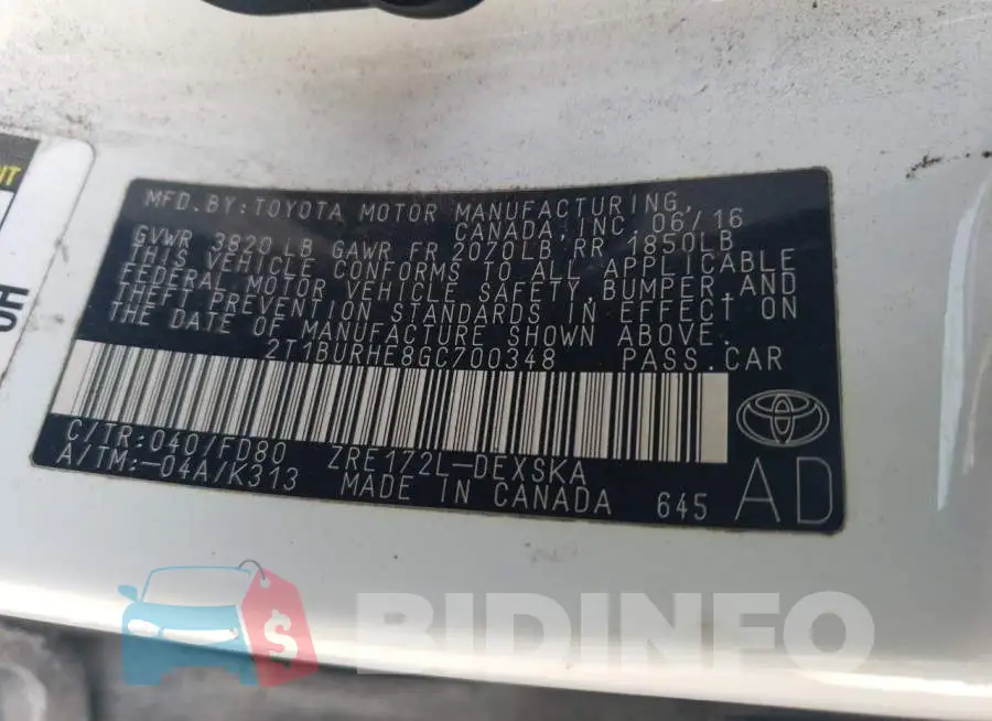 2T1BURHE8GC700348 Photo# 12