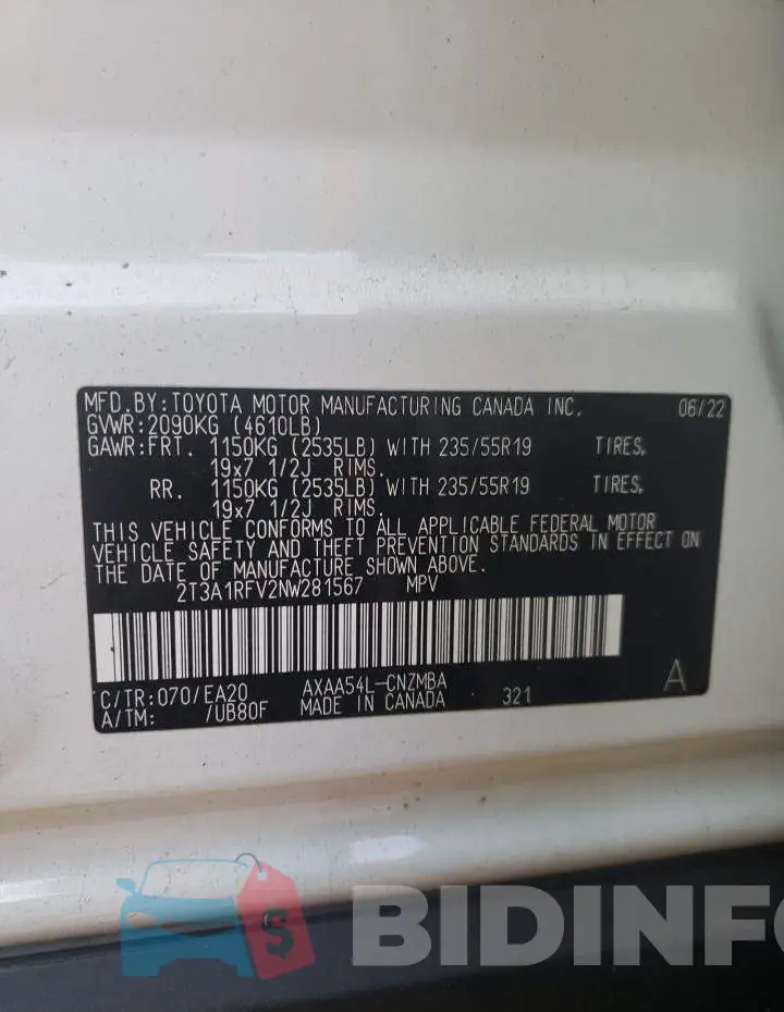 2T3A1RFV2NW281567 Photo# 13