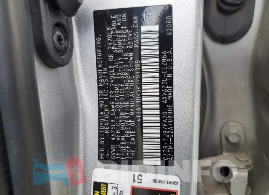 4T1B11HK5KU791389 Photo# 12
