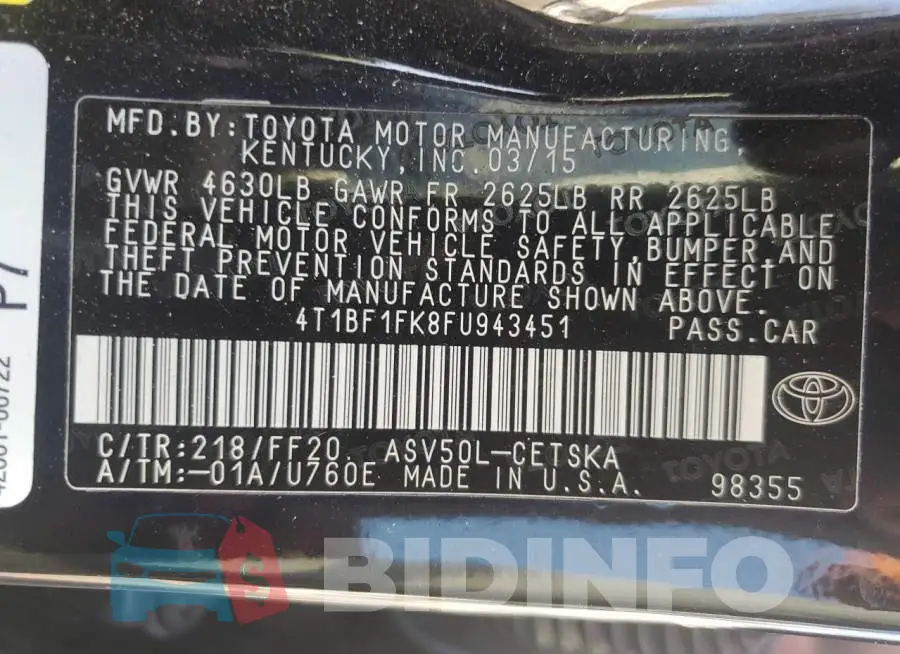 4T1BF1FK8FU943451 Photo# 12