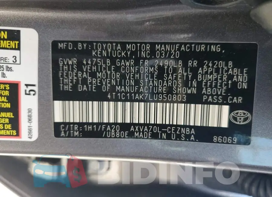 4T1C11AK7LU950803 Photo# 12