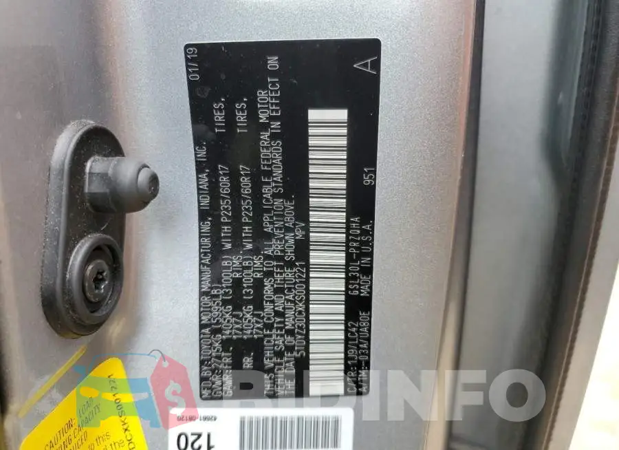 5TDYZ3DCXKS001221 Photo# 12