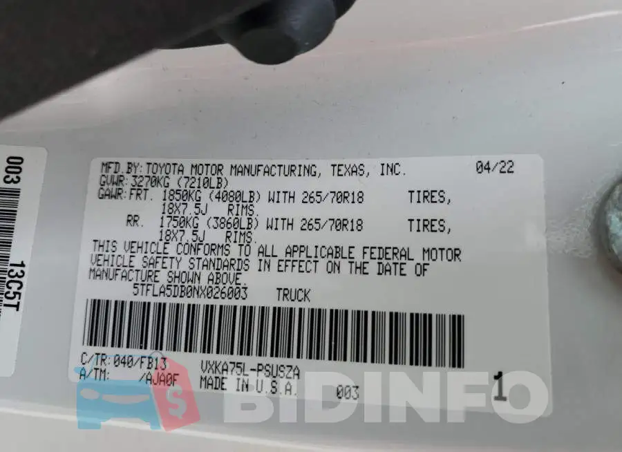 5TFLA5DB0NX026003 Photo# 12