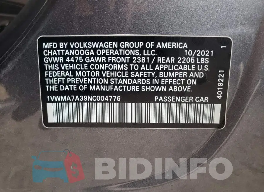 1VWMA7A39NC004776 Photo# 12