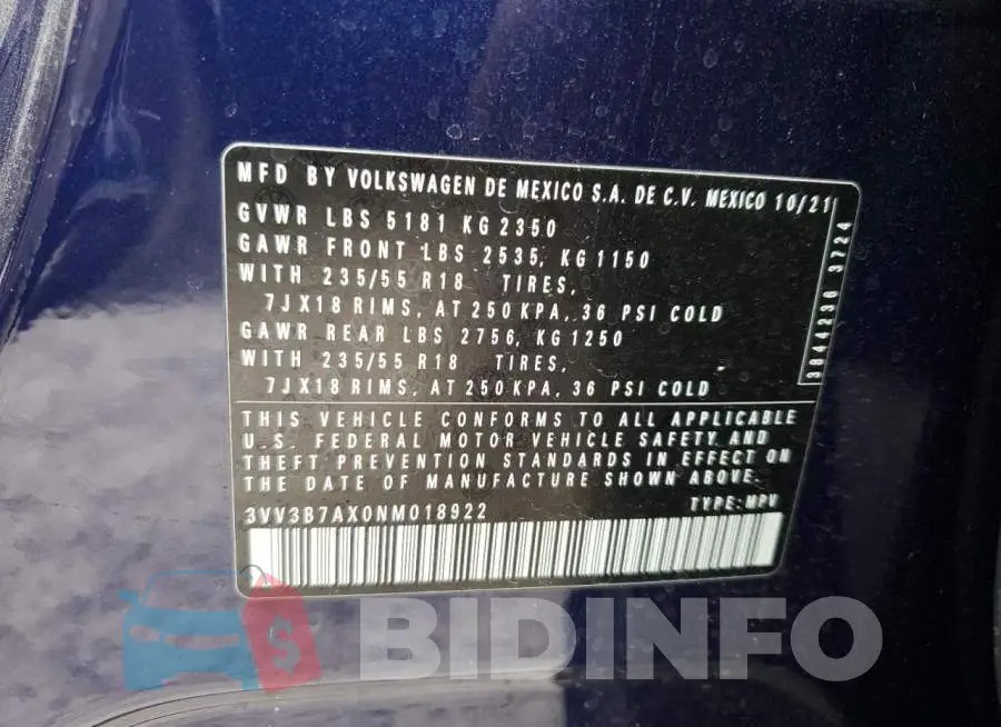 3VV3B7AX0NM018922 Photo# 14