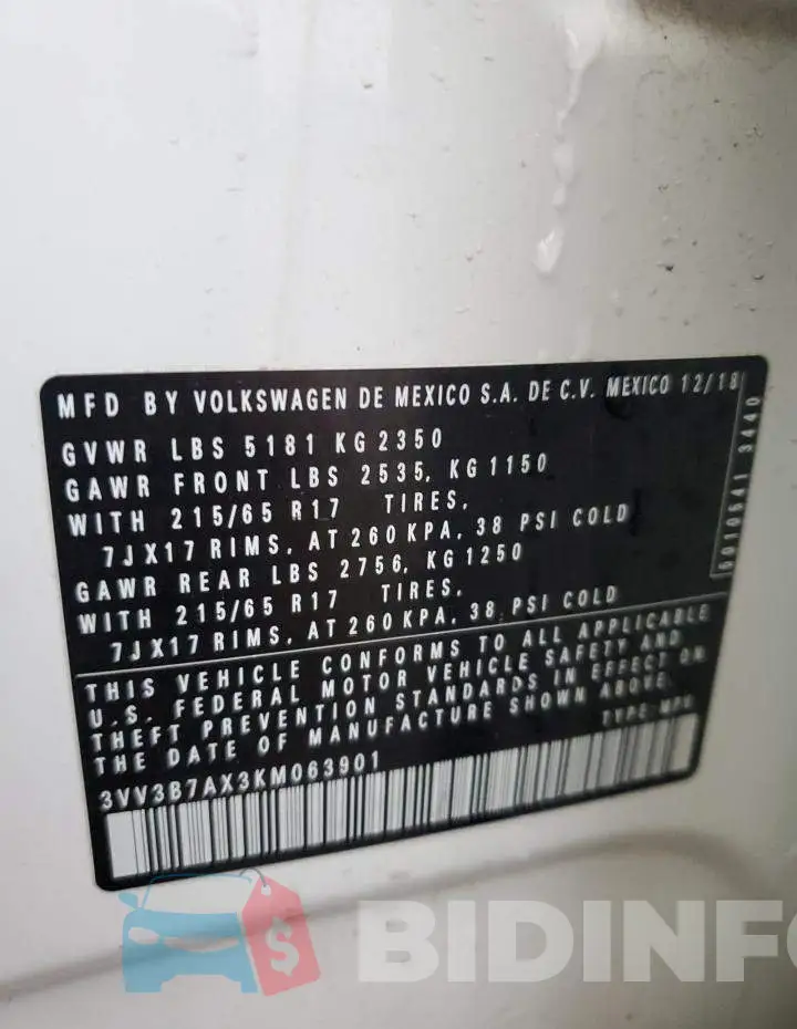 3VV3B7AX3KM063901 Photo# 13