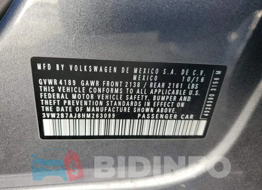 3VW2B7AJ8HM263099 Photo# 12