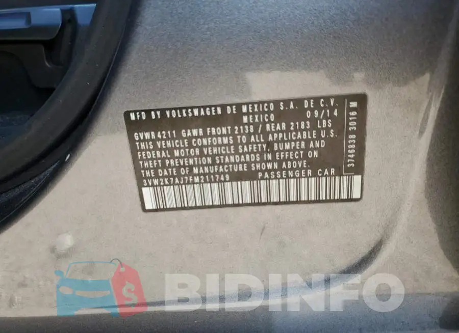 3VW2K7AJ7FM211749 Photo# 12
