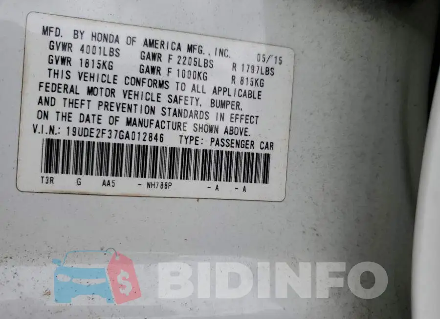19UDE2F37GA012846 Photo# 12