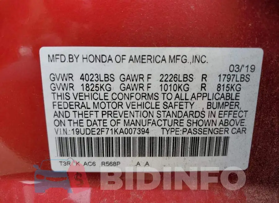 19UDE2F71KA007394 Photo# 12