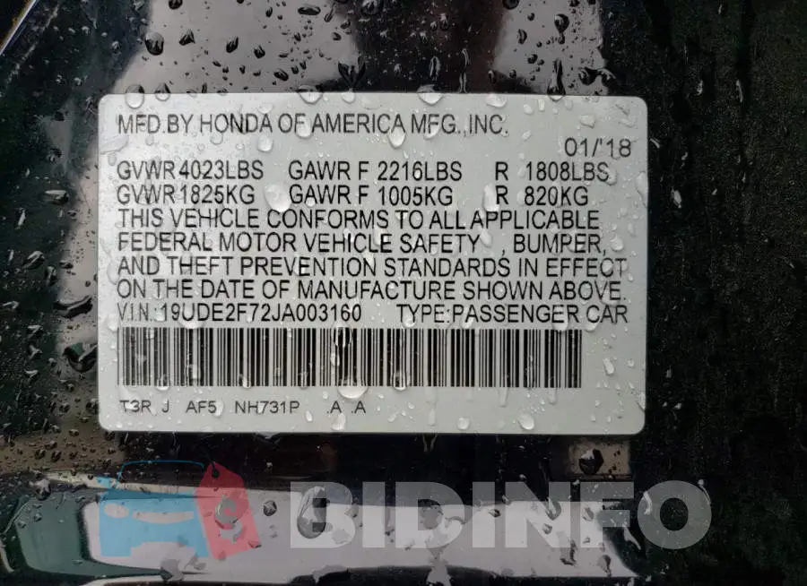 19UDE2F72JA003160 Photo# 12