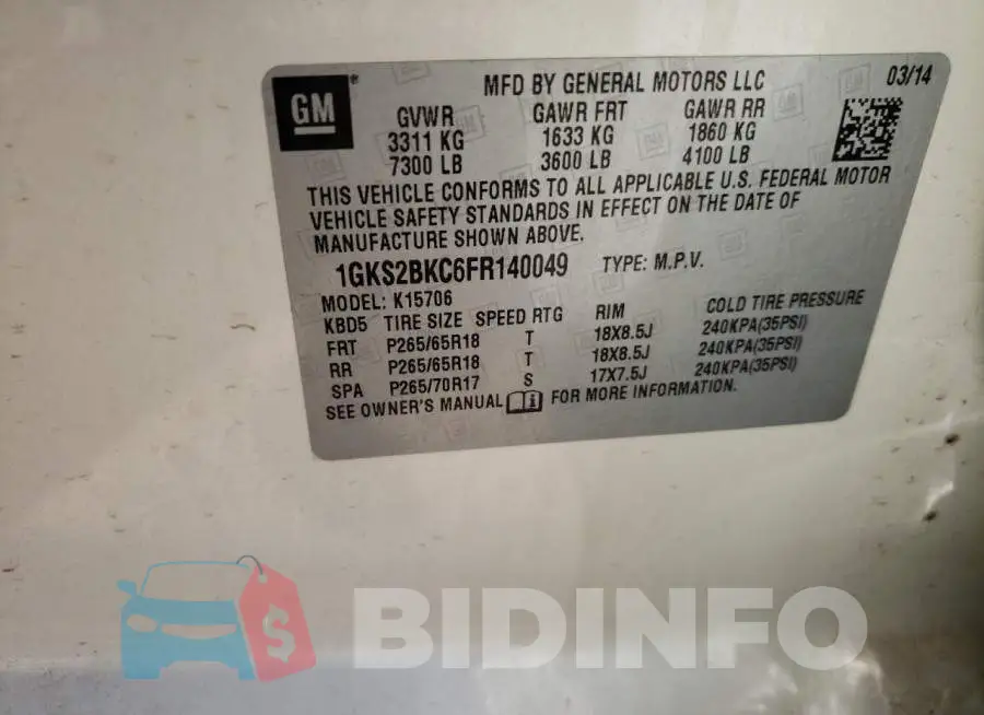 1GKS2BKC6FR140049 Photo# 14