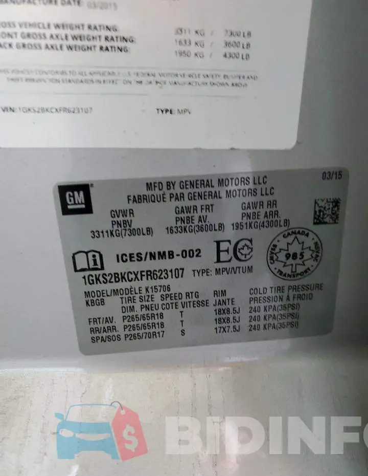 1GKS2BKCXFR623107 Photo# 13