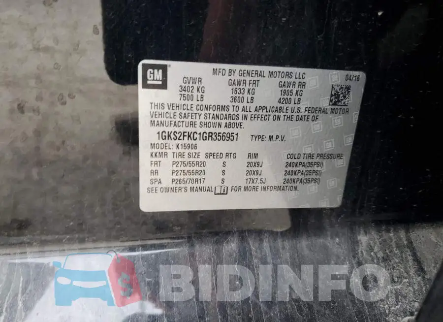 1GKS2FKC1GR356951 Photo# 13