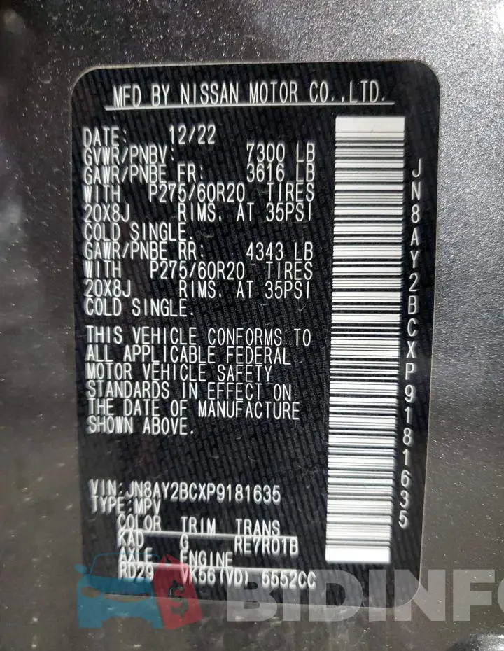 JN8AY2BCXP9181635 Photo# 12
