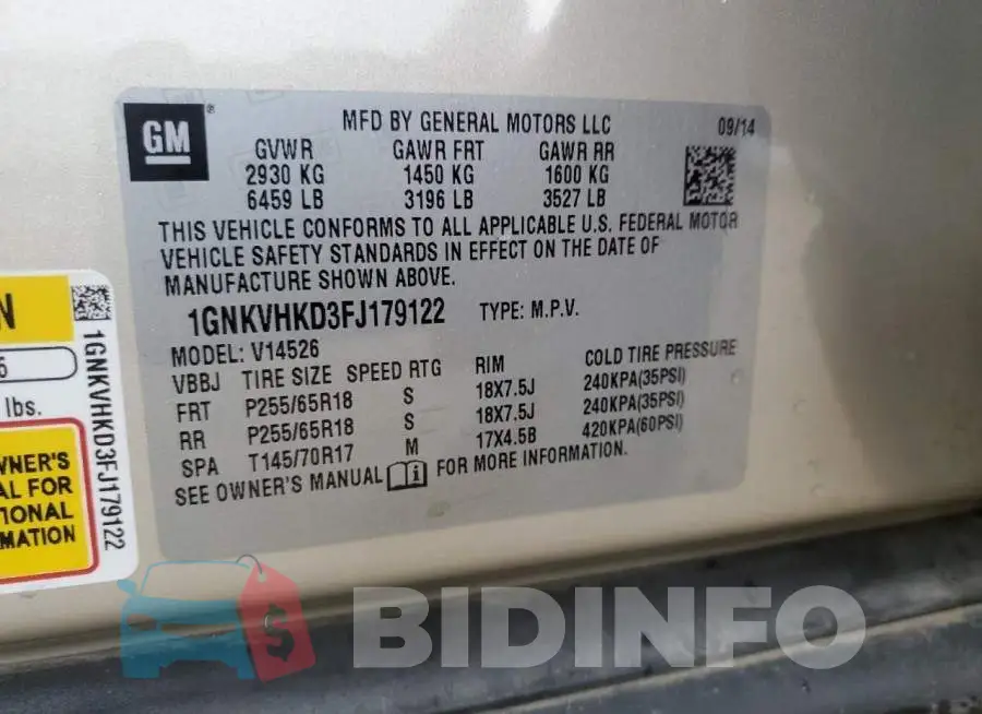 1GNKVHKD3FJ179122 Photo# 12