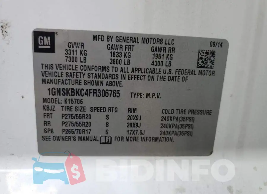 1GNSKBKC4FR306765 Photo# 13
