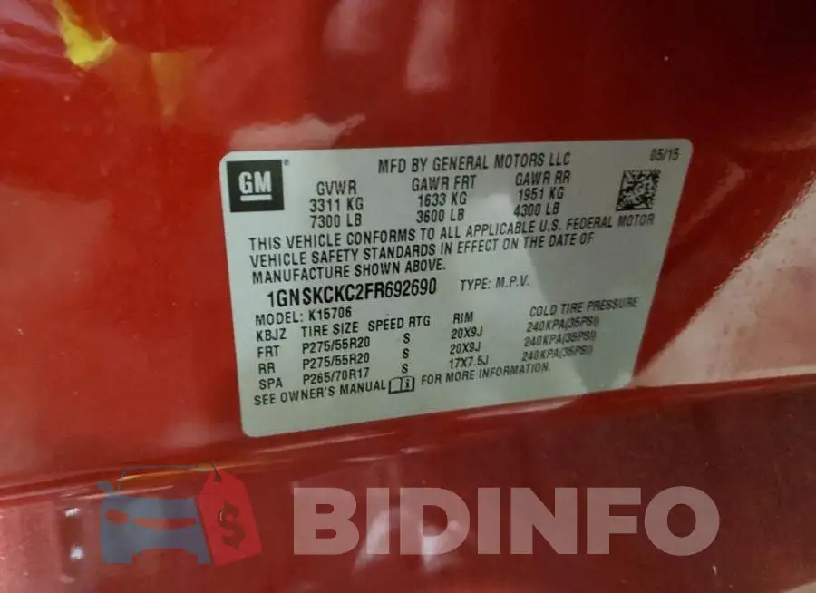 1GNSKCKC2FR692690 Photo# 14