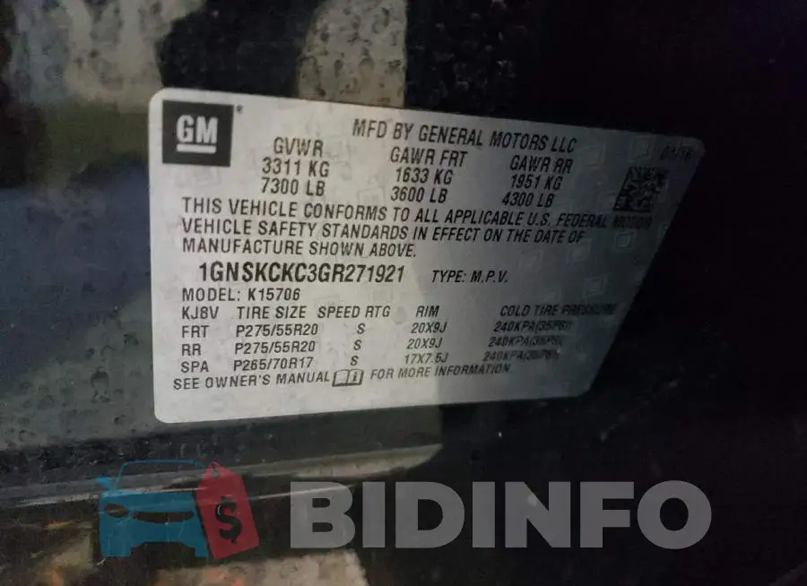 1GNSKCKC3GR271921 Photo# 12