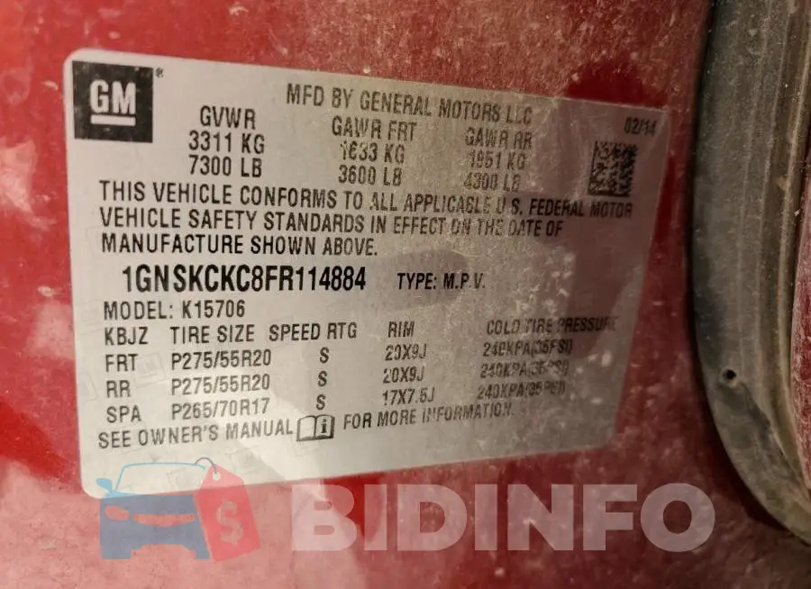 1GNSKCKC8FR114884 Photo# 13