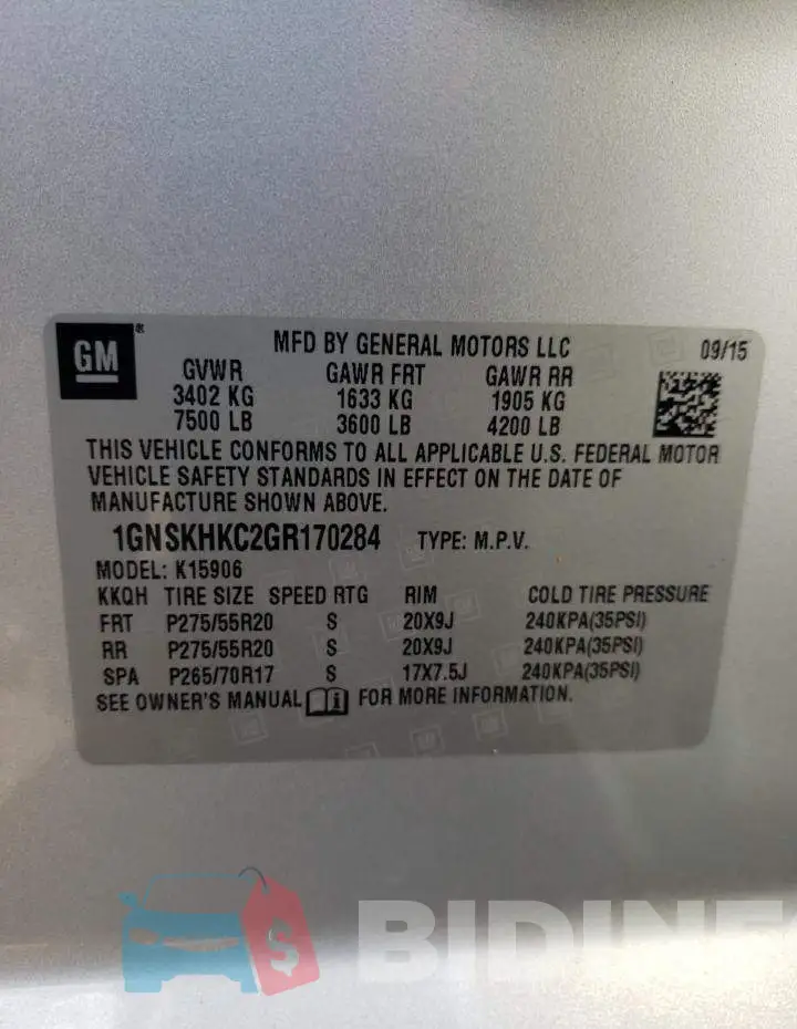 1GNSKHKC2GR170284 Photo# 13