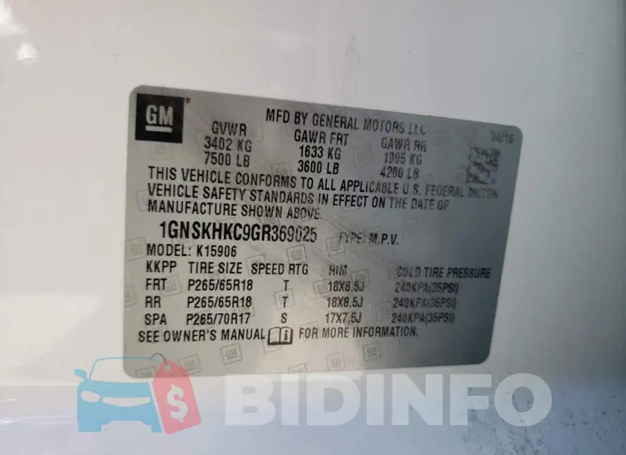 1GNSKHKC9GR369025 Photo# 13