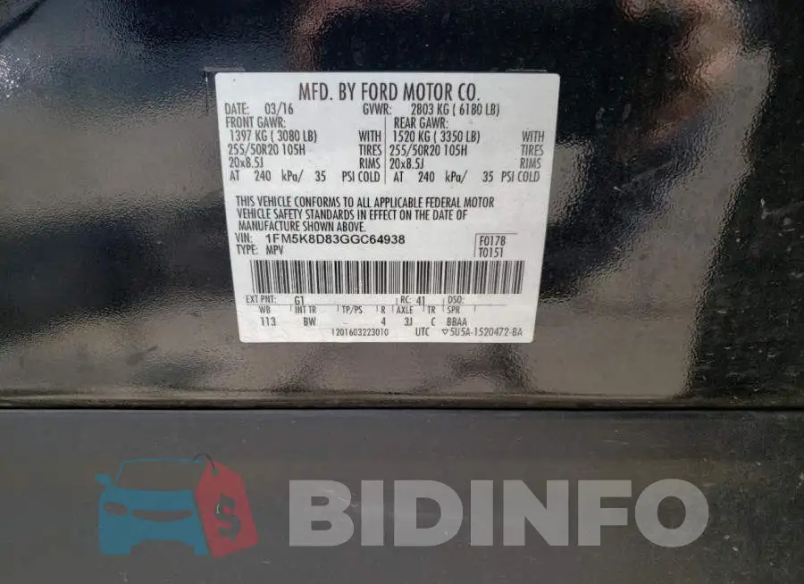 1FM5K8D83GGC64938 Photo# 14