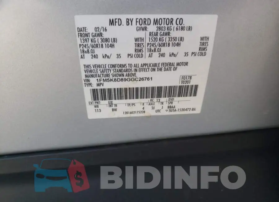 1FM5K8D89GGC26761 Photo# 13