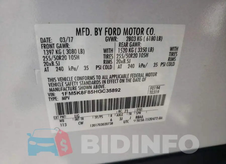 1FM5K8F85HGC35892 Photo# 14