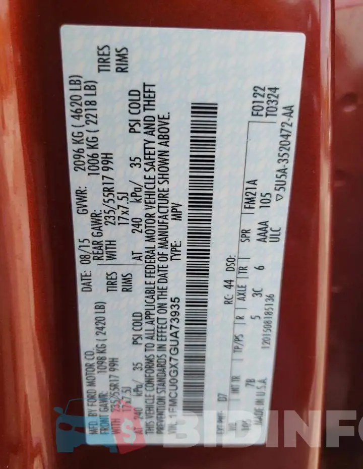 1FMCU0GX7GUA73935 Photo# 13
